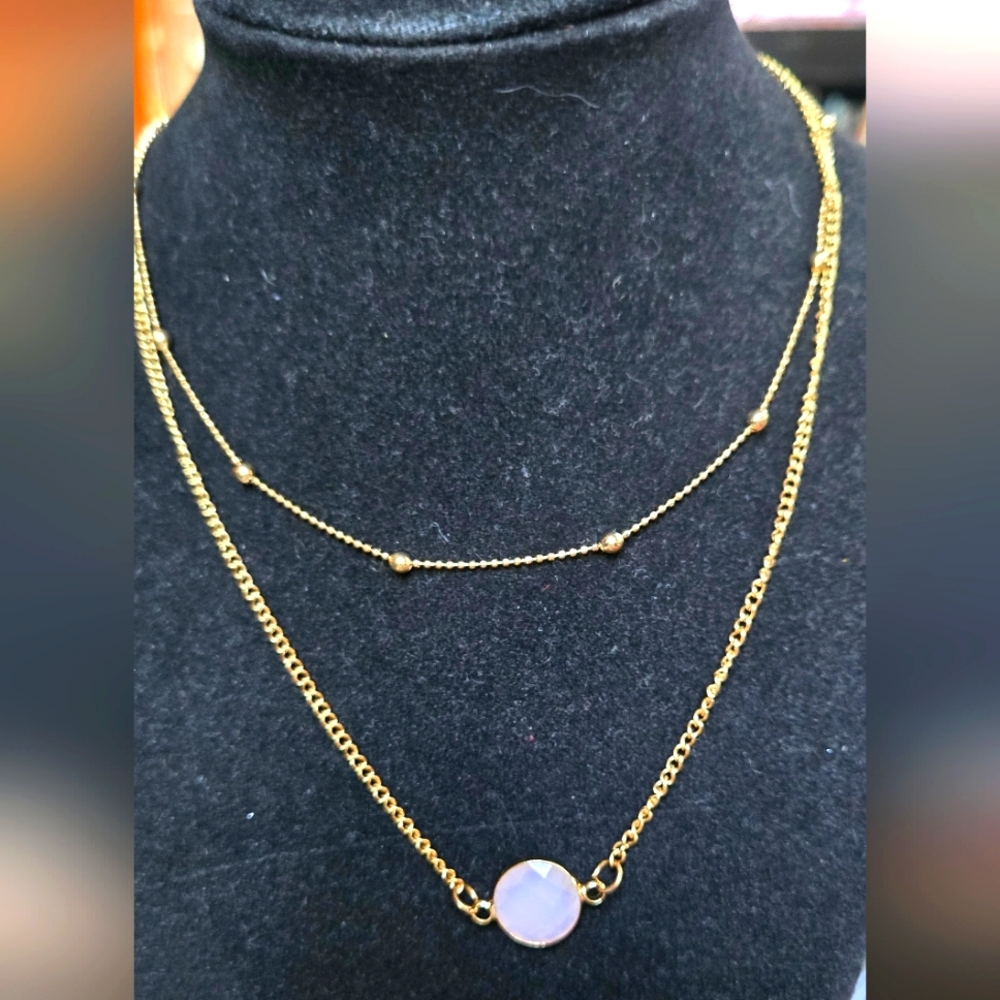 Rose Quartz Natural Beveled Pendant Gold Layered Necklace 8"/16"